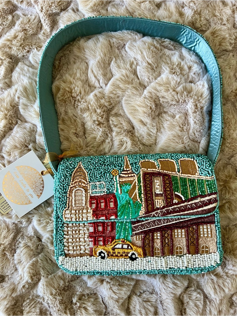 NEW RELEASE! NYC Teal Beaded Cityscape Shoulder Bag with Yellow Taxi Accent NWT